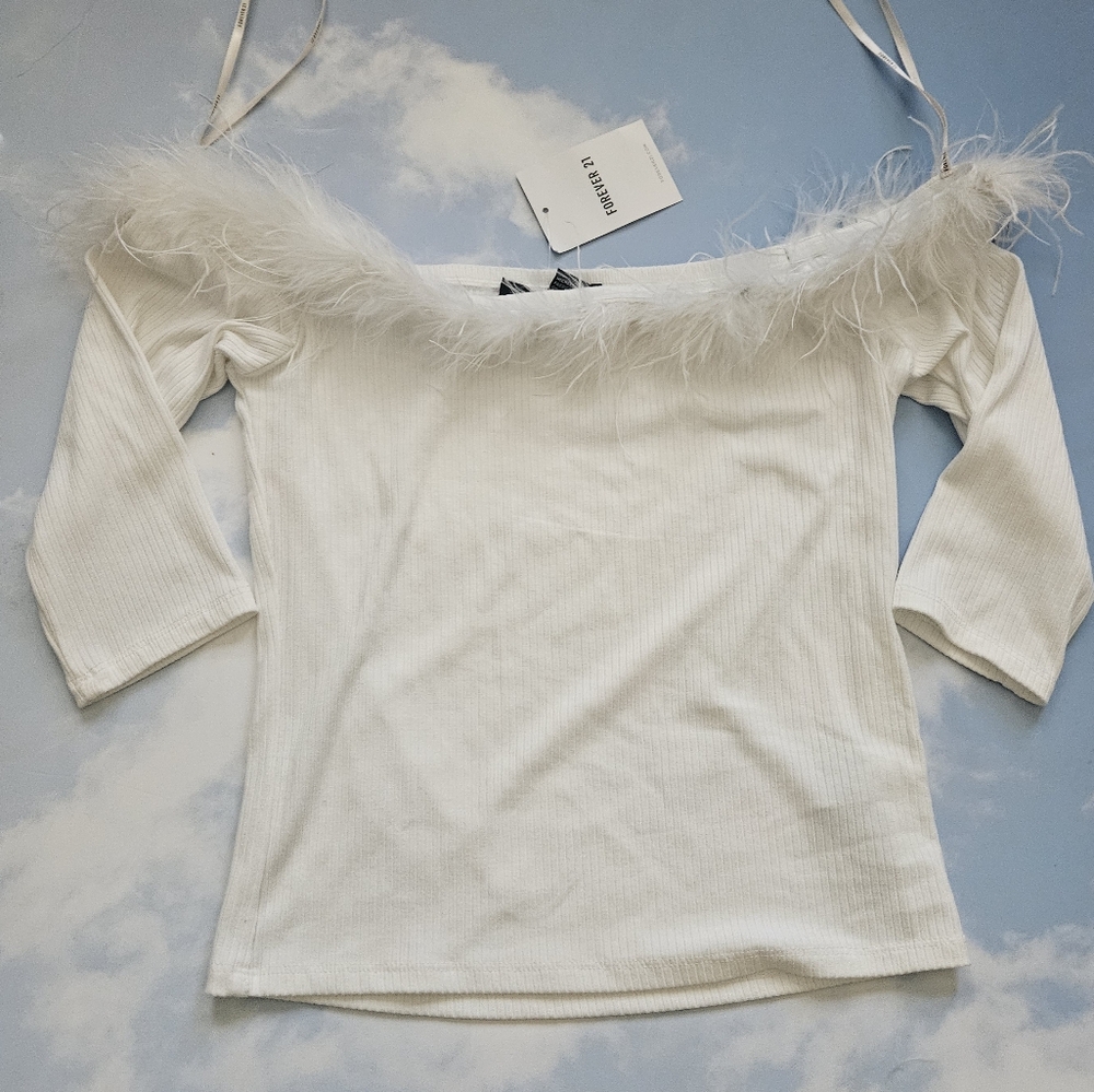 White Feather Trim Ribbed Knit 3/4 Sleeve Sexy Off The Shoulder Fur Trim Top